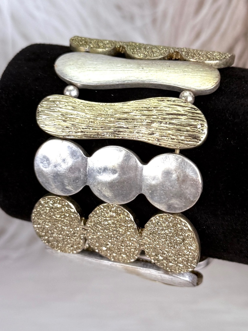 Vintage Mixed Gold Silver Tone Textured Stretch Statement Bracelet